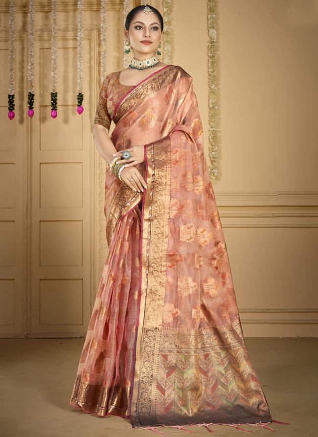 Organza Pink Festival Wear Weaving Saree